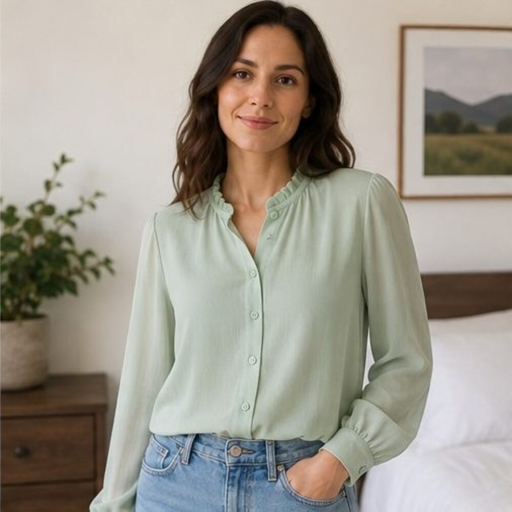 Mint Ruffle Collar Blouse - Picture 2 of 6